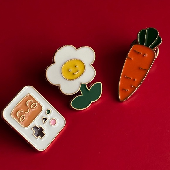 Accessories - Playful Enamel Pin Set with Flower, Carrot, and Console
